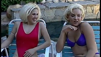 Blonde coeds strip in the pool then fuck each other