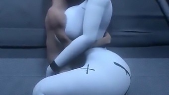 Big-boobed female alien and male clone have interracial sex in 3D animation