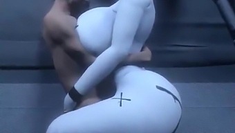 Big-boobed female alien and male clone have interracial sex in 3D animation