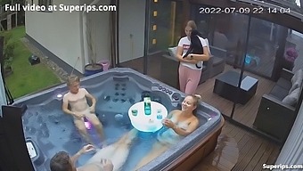 Outdoor group sex with German nudists in jacuzzi