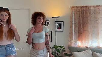 POV fantasy with redheaded guests sucking on a big cock