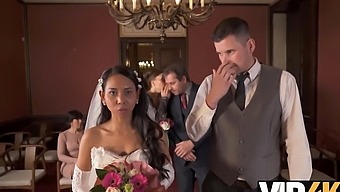 Wife and husband have sex in front of guests in wedding dress and heels
