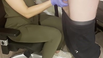 Blonde doctor gives a handjob and milks a patient's penis to its maximum length
