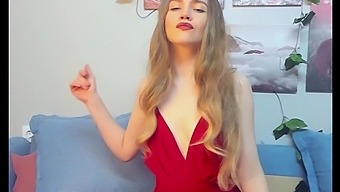 Blonde amateur in red dress teases webcam audience