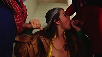 Allie Haze's hot ass gets spit-roasted in kinky superhero threesome