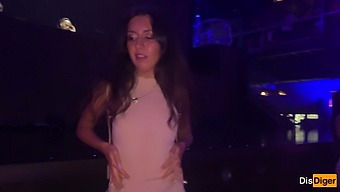 Aroused girl consents to intimacy in a restroom of a nightclub