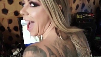 HD POV movie of blonde Karma RX with colossal tits guzzling a penis.