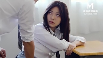 Chinese school girl gets intimate with her teacher in the classroom