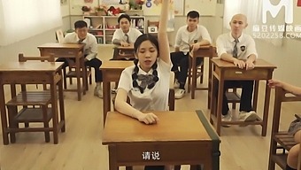 Chinese schoolgirls in uniform are fucked by horny guys during the lesson