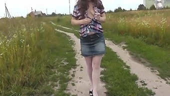 Outdoor Peeing and Excited Milf with Natural Tits in Golden Rain Video