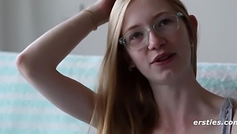 Nerdy erstie is fooling around with her pussy with ginger pubic hair.