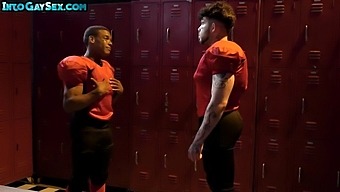 Interracial gay stud gets his tight asshole stretched by BBC in locker room