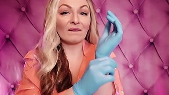 Softcore POV of Arya Grander's blue nitrile gloves fetish in pink PVC coat