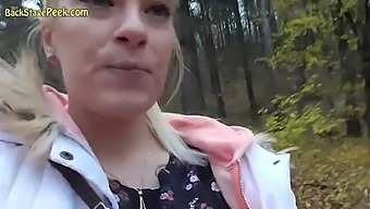POV video of a stunning blonde teen in the woods with nudity