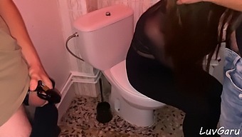 Threesome with Two Hotwives and a Stranger in a Public Toilet