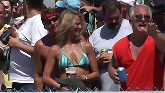 A stunning girl gets paid for a public pool party