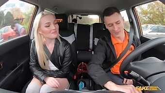 Amazing blonde gives blowjob and receives oral sex in driving instructor's car