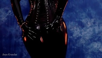 Cosplaying milf Arya Grander in shiny latex catsuit with big tits and ass