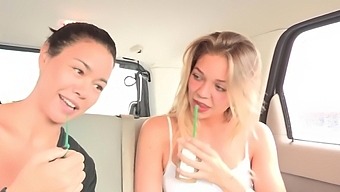 Hot Dana Vespoli and Jessie Andrews indulge in some lesbian pussy licking in a public car