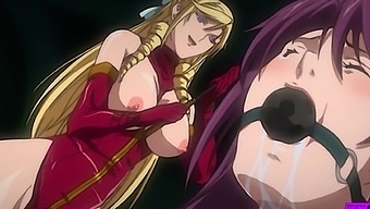 Two anime babes give a BDSM punishment to a purple-haired girl