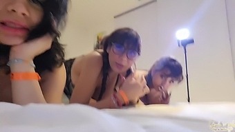 Juicy brunette bitches invite neighbor for a wild foursome