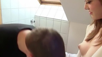 German teen with tiny tits gives a deepthroat blowjob and gets her pussy licked