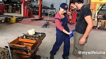 Mature mechanic with big natural tits gets anal sex and a cumshot