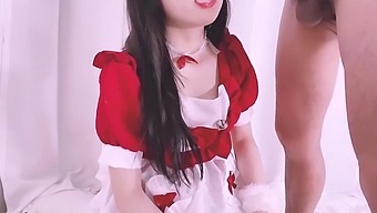 Tiny Asian maid gives perfect blowjob and rides her boss's cock in uniform