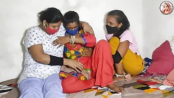 Three Indian women and one man engage in a wild bisexual foursome