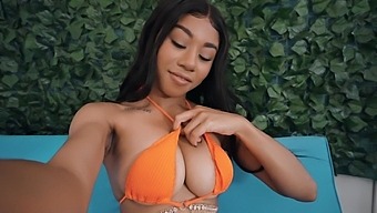 POV video of a black teen with big boobs giving oral pleasure