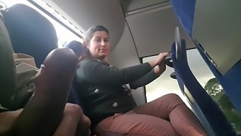 European MILF flashed and seduced to give a blowjob on a public bus