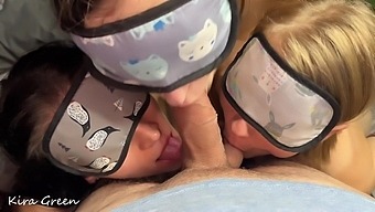 Horny blindfolded women please one fortunate man in a steamy POV threesome