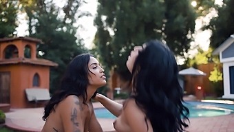 Amazing outdoor threesome with inked babes Vanessa Sky and Queenie Sateen